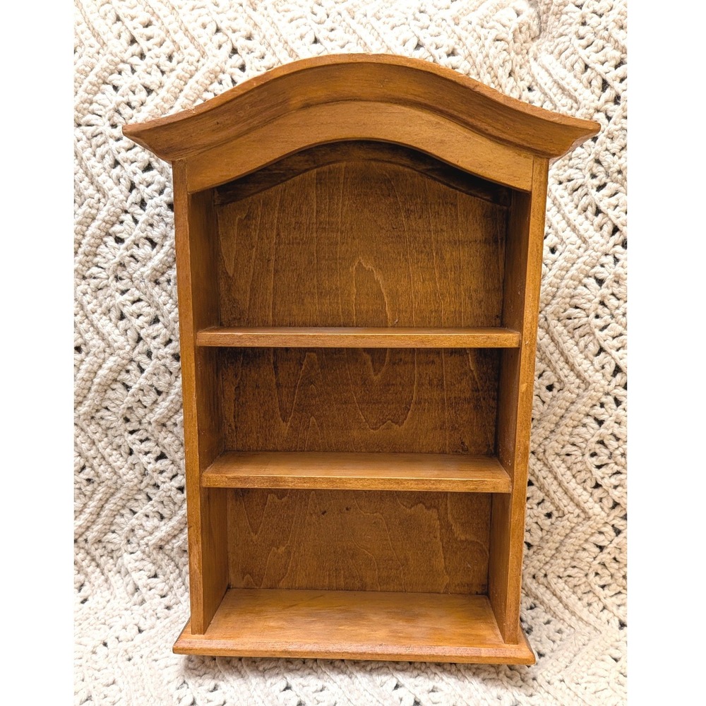 Vintage Wood Wall Curio Cabinet Arched Top 3 Tier Display Shelf Brown 13.5in